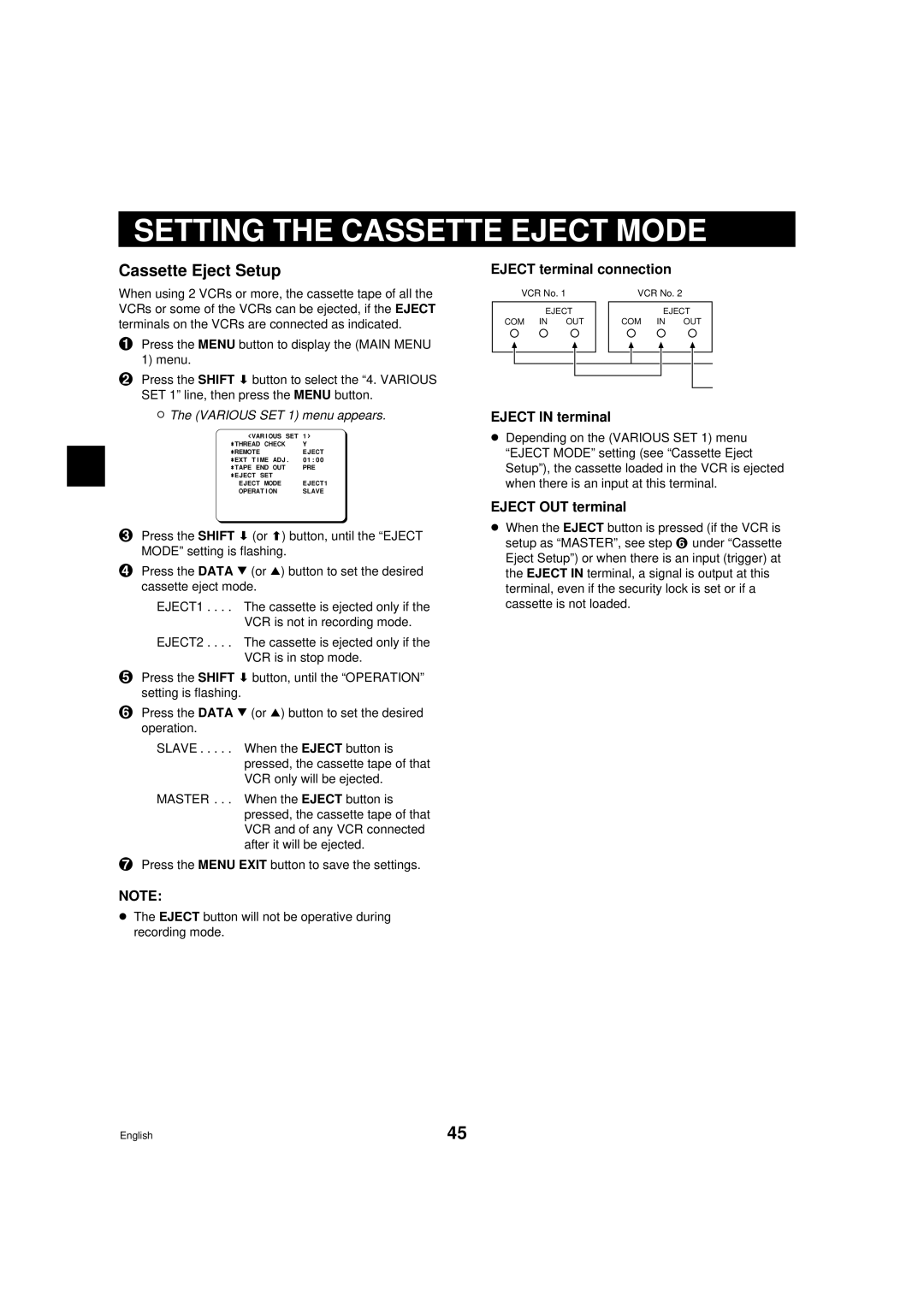 Sanyo DTL-4800 Setting the Cassette Eject Mode, Cassette Eject Setup, Eject terminal connection, Eject in terminal 