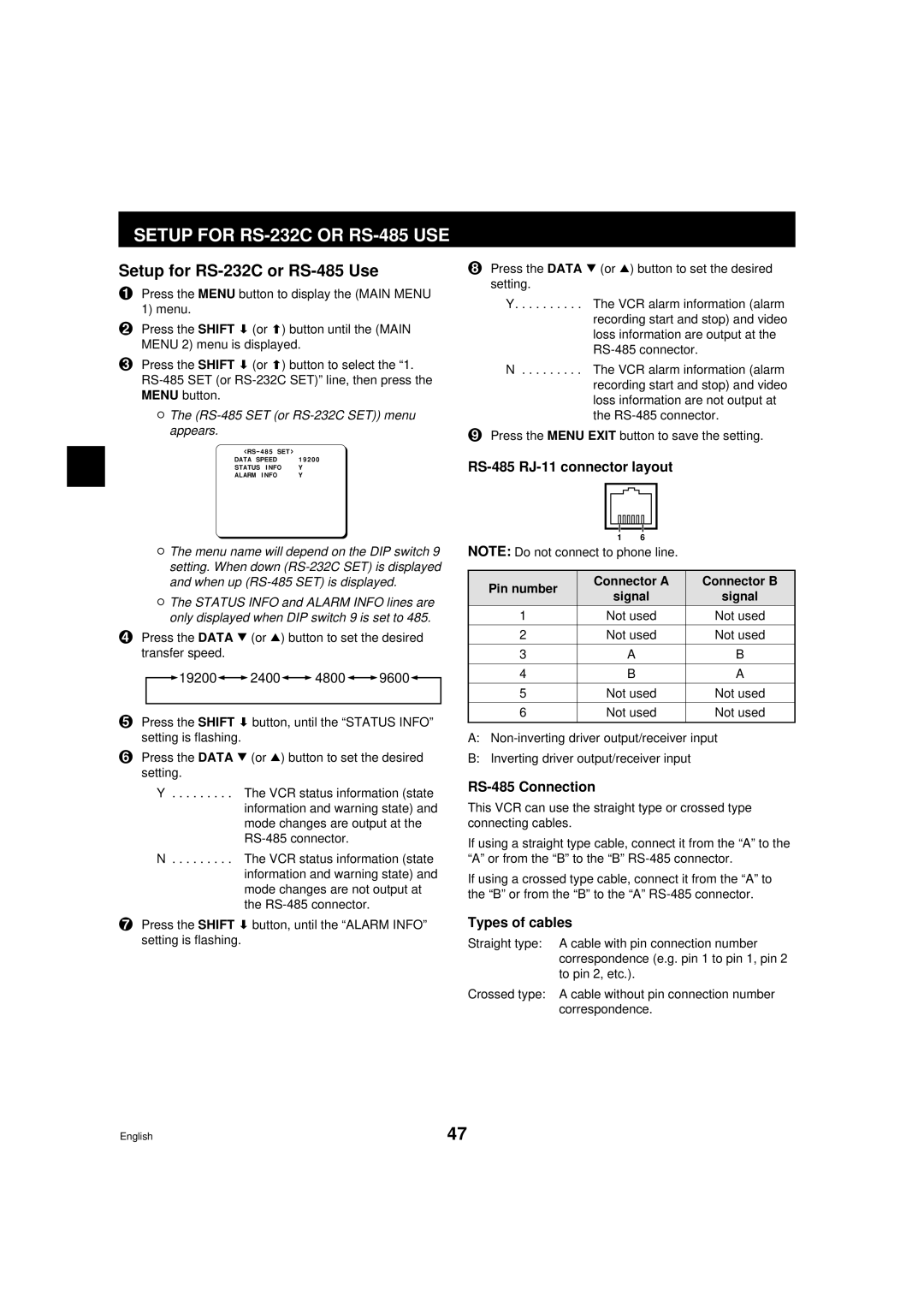 Sanyo DTL-4800, RD2QD/NA Setup for RS-232C or RS-485 USE, Setup for RS-232C or RS-485 Use, RS-485 RJ-11 connector layout 