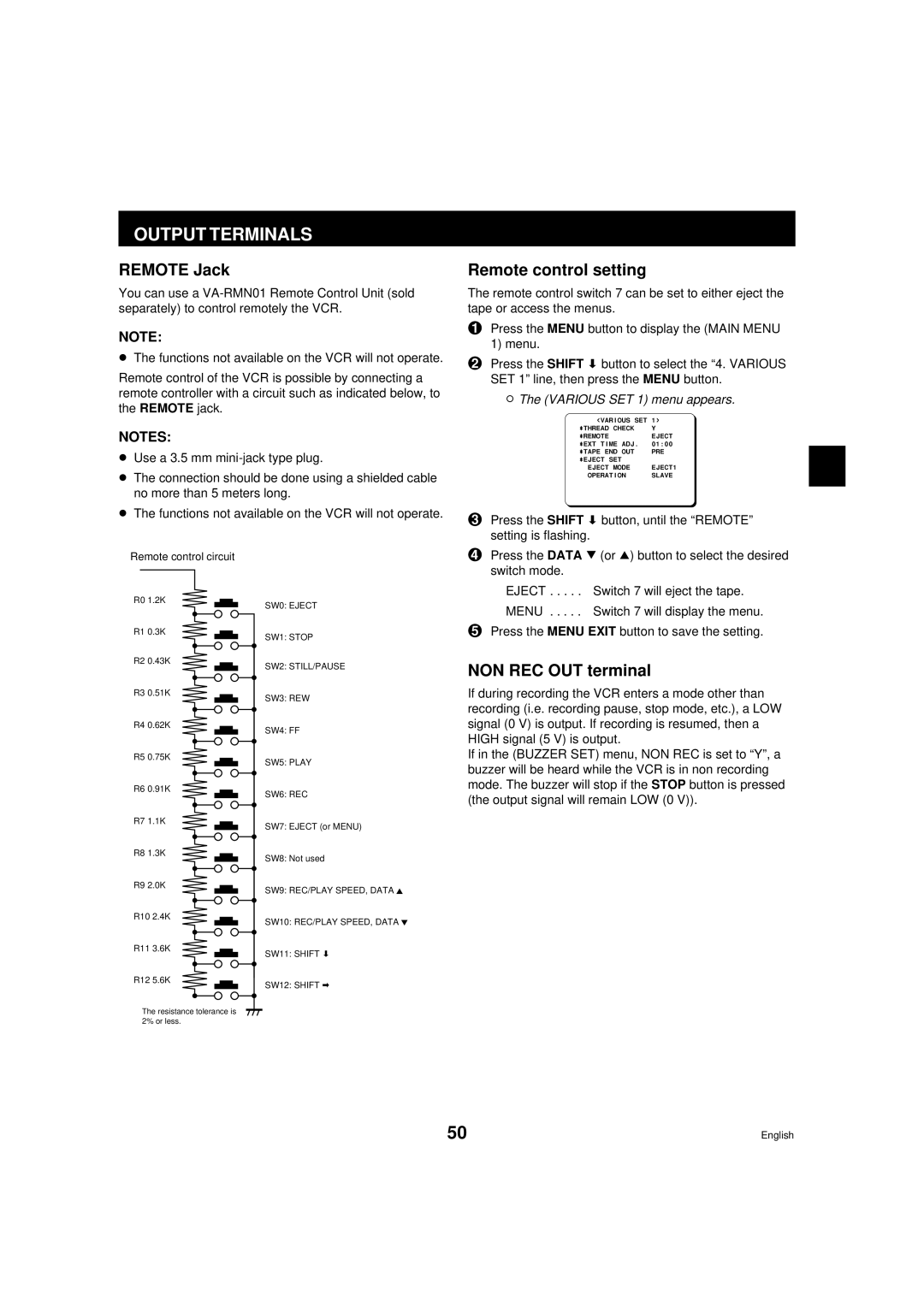 Sanyo RD2QD/NA, DTL-4800 instruction manual Output Terminals, Remote Jack, Remote control setting, NON REC OUT terminal 