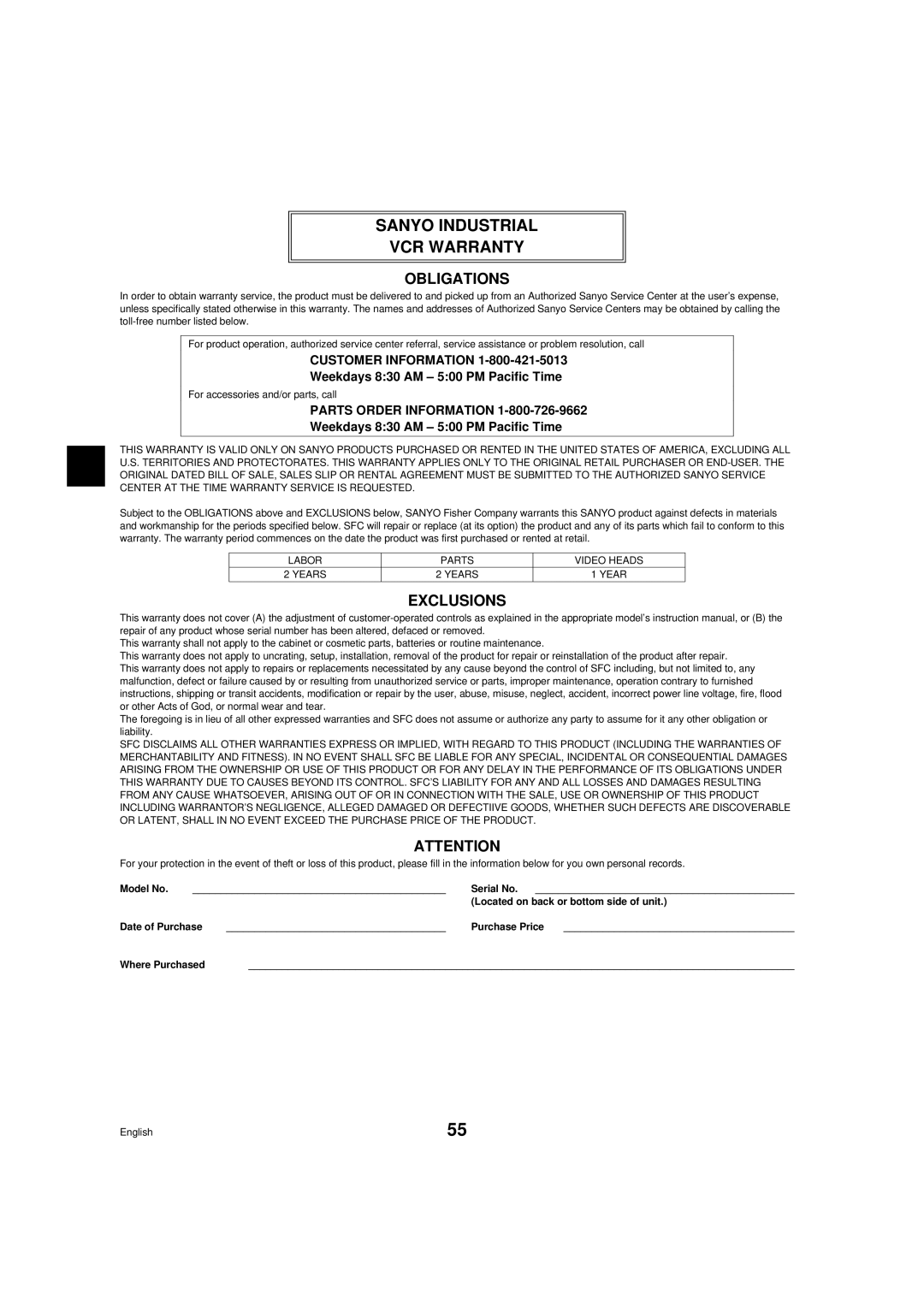 Sanyo DTL-4800, RD2QD/NA instruction manual Sanyo Industrial VCR Warranty, Weekdays 830 AM 500 PM Pacific Time 