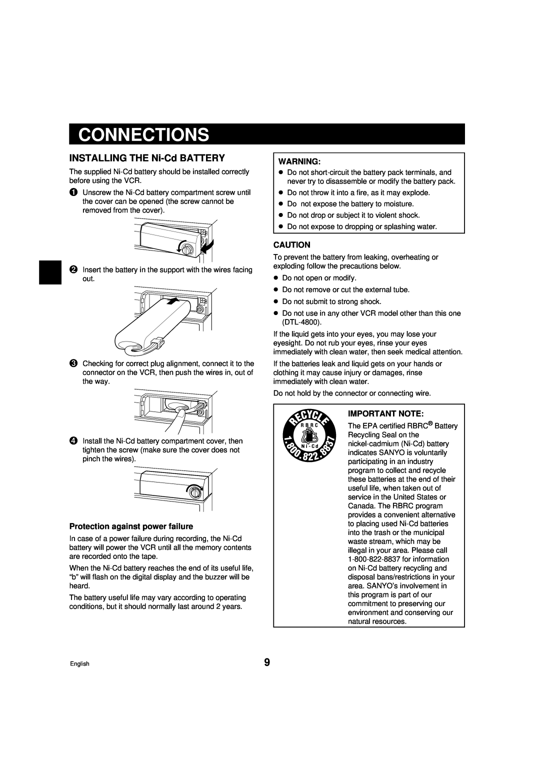 Sanyo DTL-4800, RD2QD/NA Connections, INSTALLING THE Ni-Cd BATTERY, Protection against power failure, Important Note 