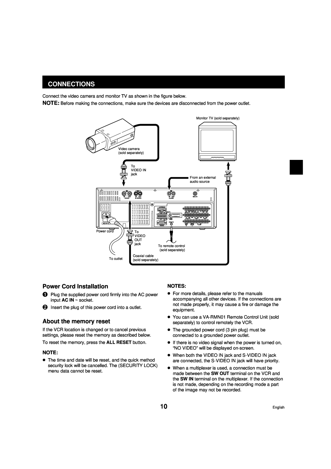 Sanyo RD2QD/NA, DTL-4800 instruction manual Connections, Power Cord Installation, About the memory reset 