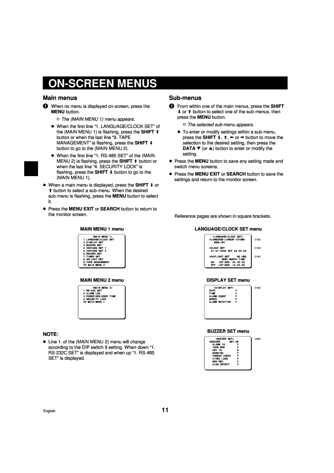 Sanyo DTL-4800 On-Screen Menus, Main menus, Sub-menus, ø The MAIN MENU 1 menu appears, ø The selected sub-menu appears 