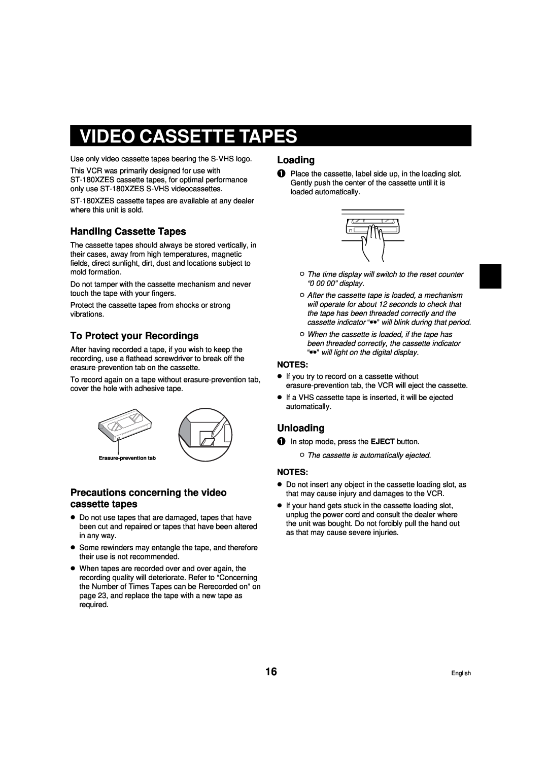 Sanyo RD2QD/NA, DTL-4800 Video Cassette Tapes, Loading, Handling Cassette Tapes, To Protect your Recordings, Unloading 