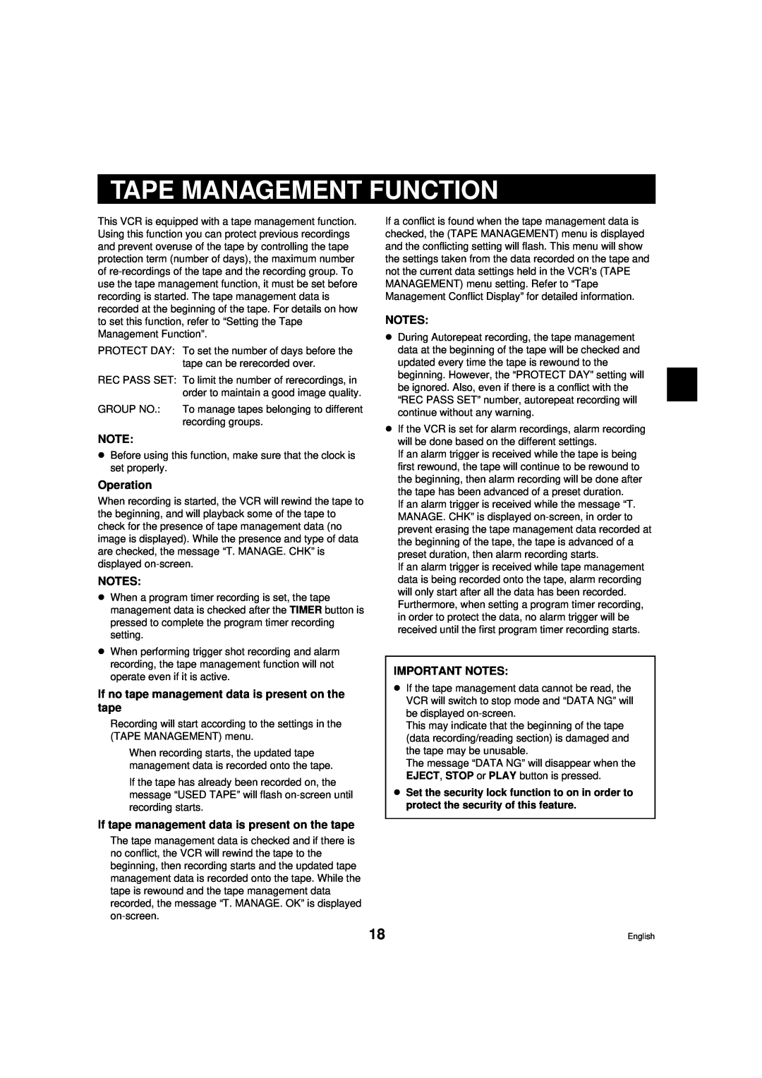 Sanyo RD2QD/NA Tape Management Function, Operation, If no tape management data is present on the tape, Important Notes 