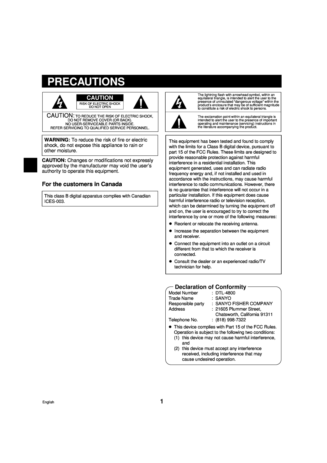 Sanyo DTL-4800, RD2QD/NA instruction manual Precautions, For the customers in Canada, Declaration of Conformity 