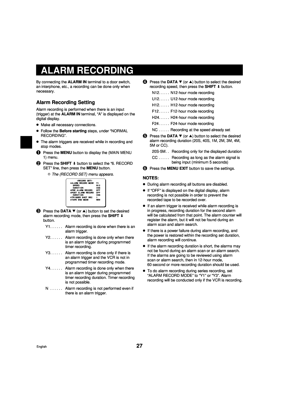 Sanyo DTL-4800, RD2QD/NA instruction manual Alarm Recording Setting, ø The RECORD SET menu appears 