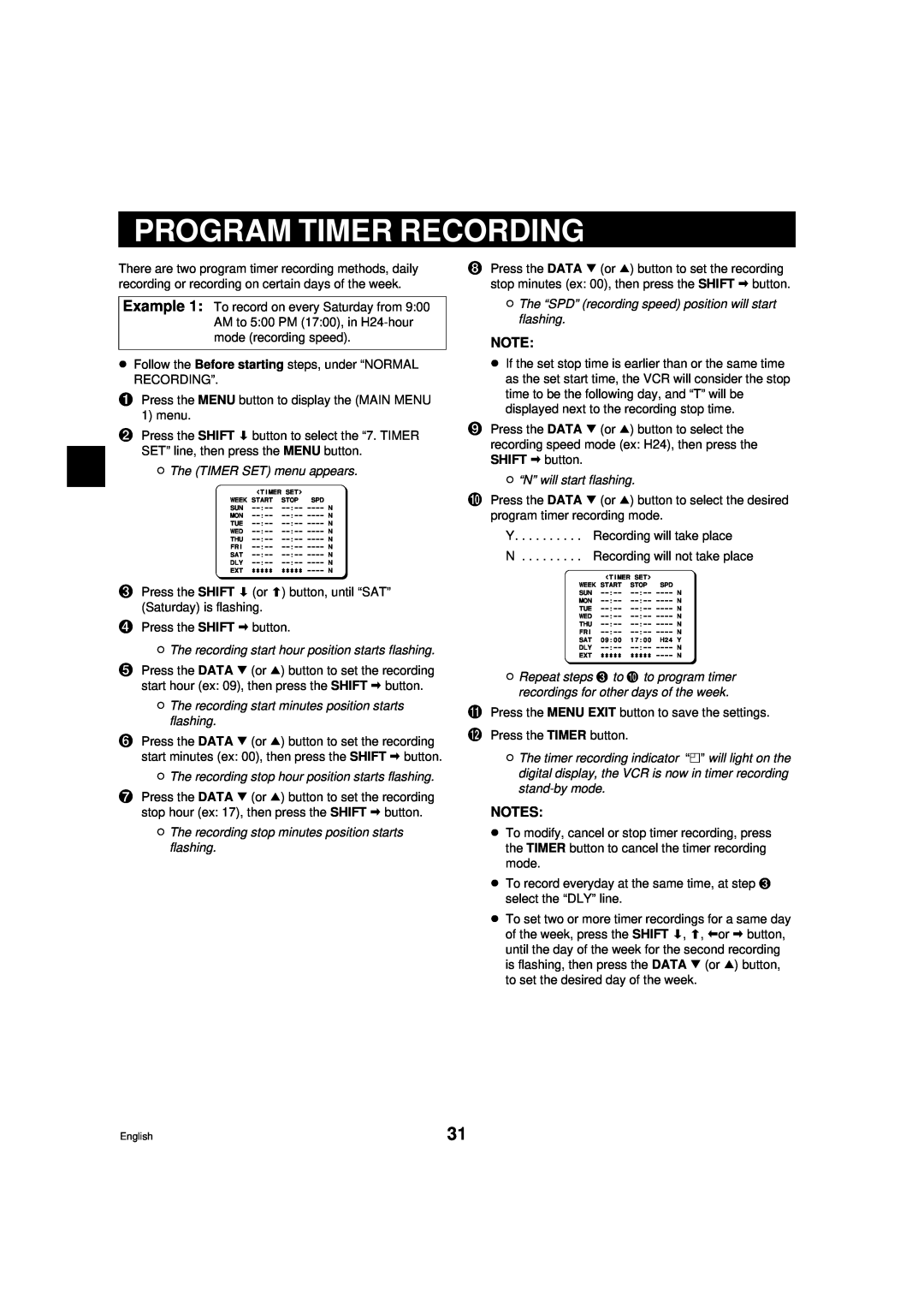 Sanyo DTL-4800 Program Timer Recording, ø The TIMER SET menu appears, ø The recording start hour position starts flashing 