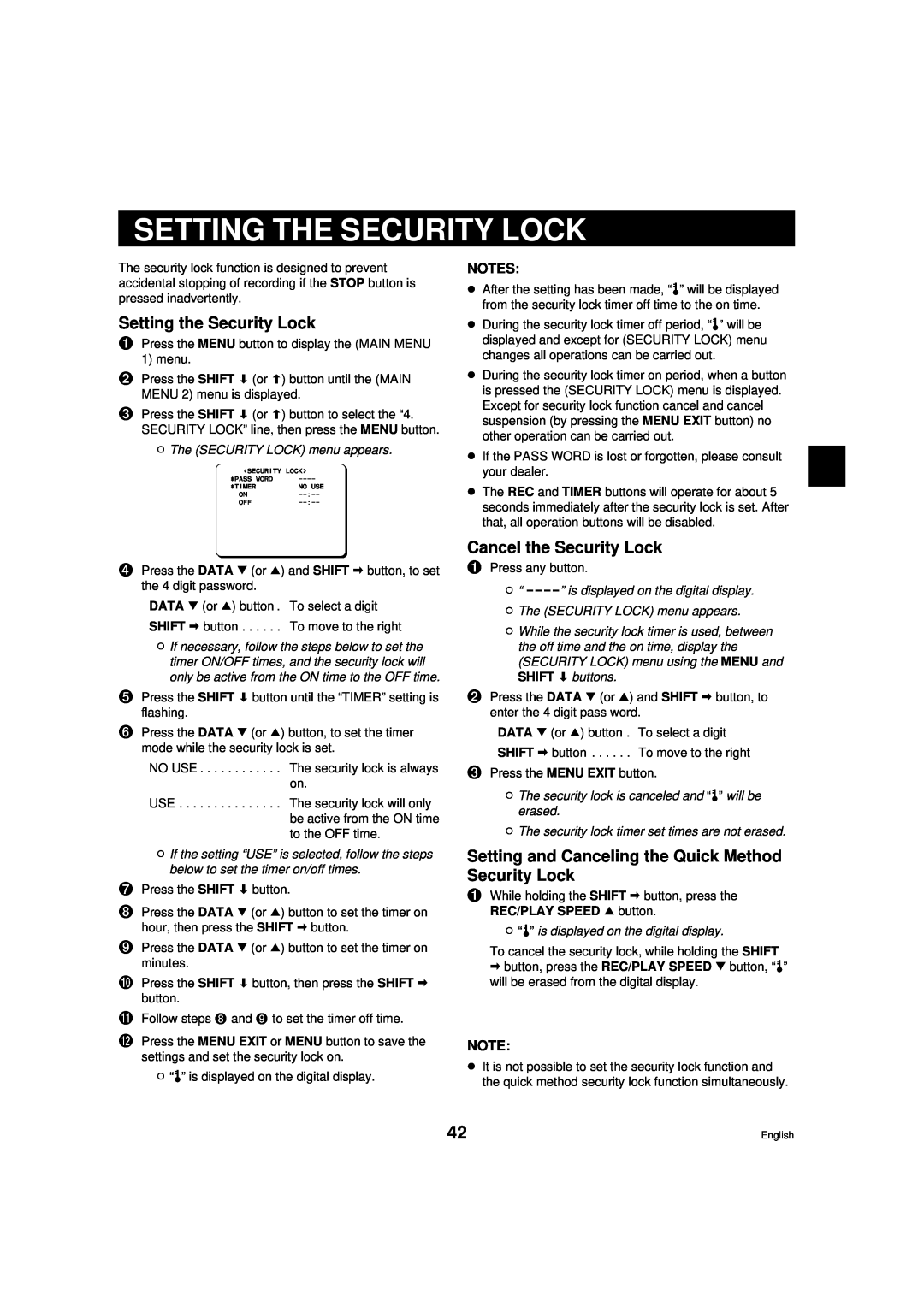 Sanyo RD2QD/NA, DTL-4800 instruction manual Setting The Security Lock, Setting the Security Lock, Cancel the Security Lock 