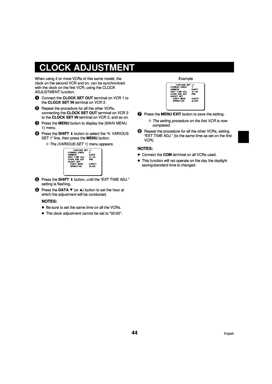 Sanyo RD2QD/NA, DTL-4800 instruction manual Clock Adjustment, ø The VARIOUS SET 1 menu appears 