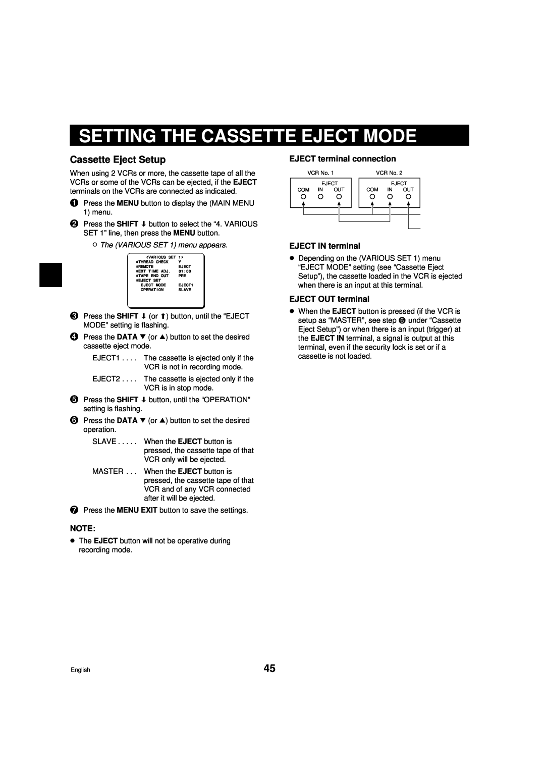 Sanyo DTL-4800 Setting The Cassette Eject Mode, Cassette Eject Setup, EJECT terminal connection, EJECT IN terminal 