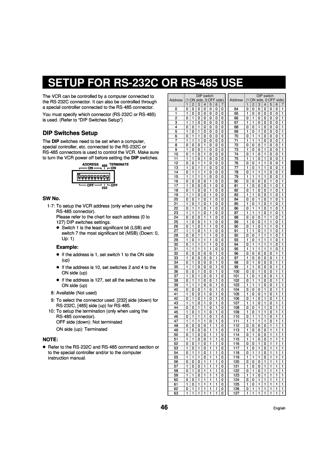 Sanyo RD2QD/NA, DTL-4800 instruction manual SETUP FOR RS-232C OR RS-485 USE, DIP Switches Setup, SW No, Example 