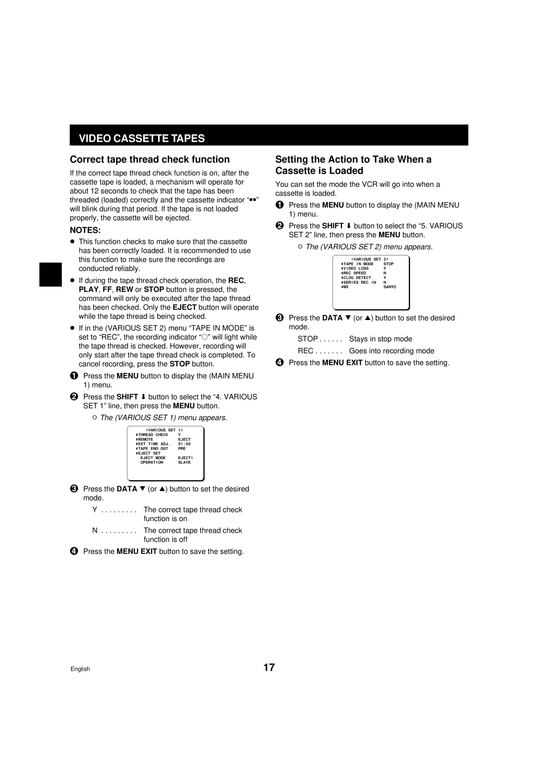 Sanyo DTL-4800 instruction manual Video Cassette Tapes, Correct tape thread check function, Various SET 1 menu appears 