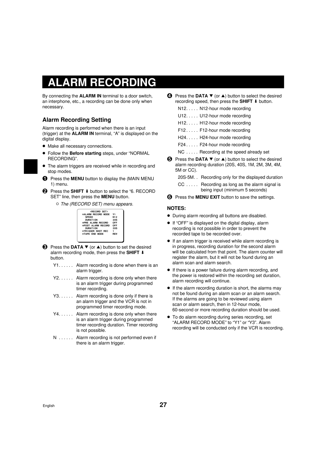 Sanyo DTL-4800 instruction manual Alarm Recording Setting 