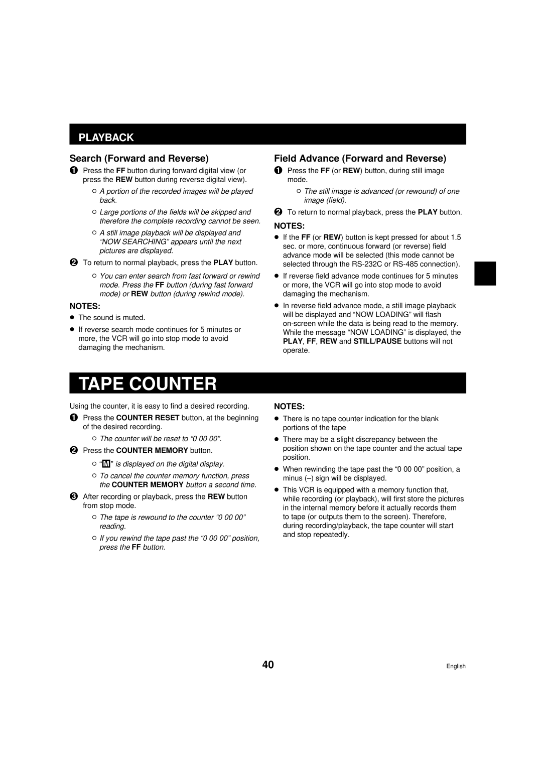 Sanyo DTL-4800 instruction manual Tape Counter, Playback, Search Forward and Reverse, Field Advance Forward and Reverse 