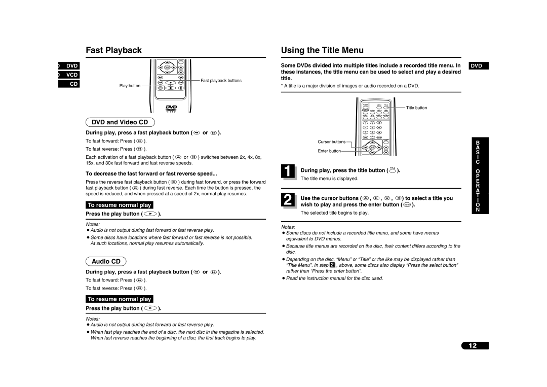 Sanyo DV-S100 manual Fast Playback, Using the Title Menu, DVD and Video CD, Audio CD 