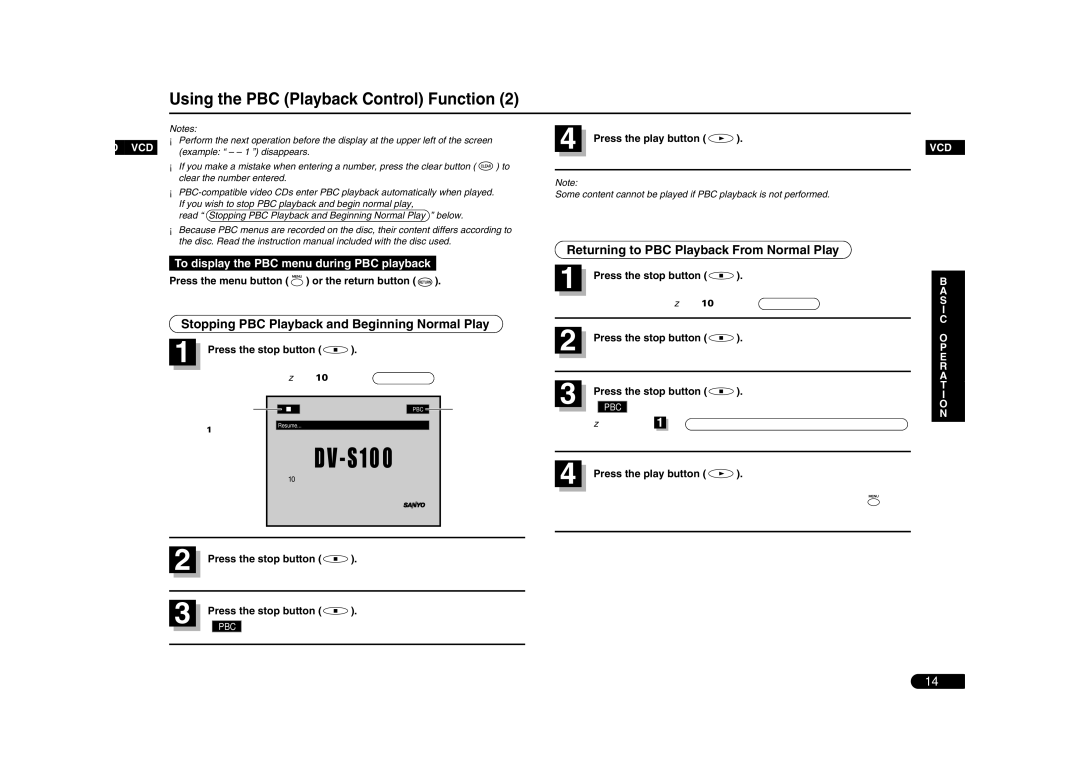 Sanyo DV-S100 manual Stopping PBC Playback and Beginning Normal Play, Function operates. zSee To Stop Play 
