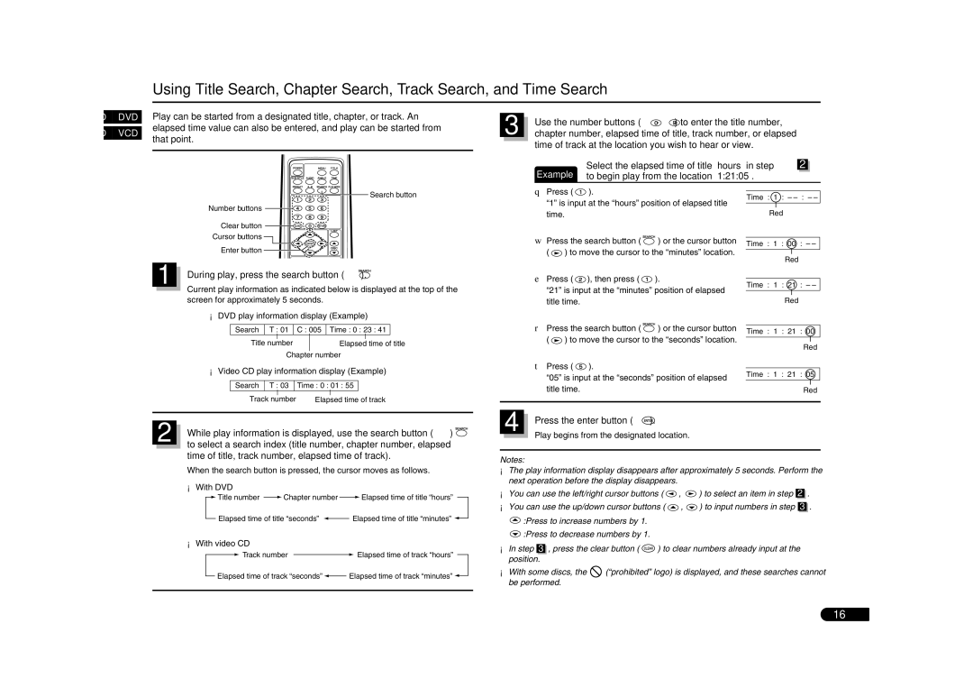 Sanyo DV-S100 manual During play, press the search button, While play information is displayed, use the search button 