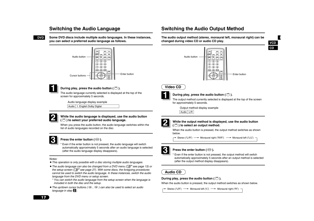 Sanyo DV-S100 manual Switching the Audio Language, Switching the Audio Output Method, Video CD 