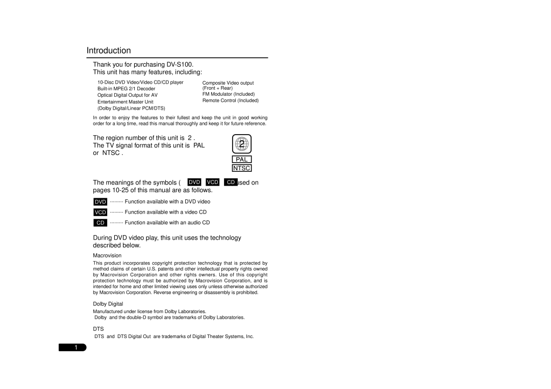 Sanyo DV-S100 manual Introduction, Function available with a video CD, Macrovision, Dolby Digital 