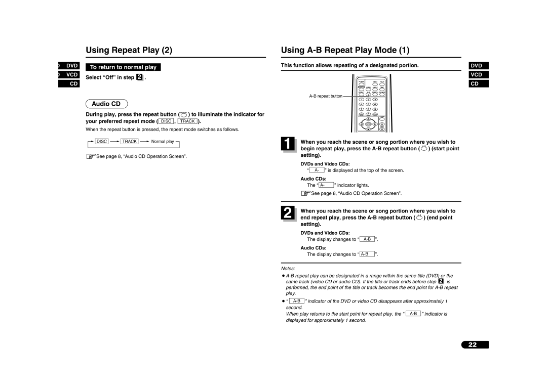 Sanyo DV-S100 manual Using A-B Repeat Play Mode 