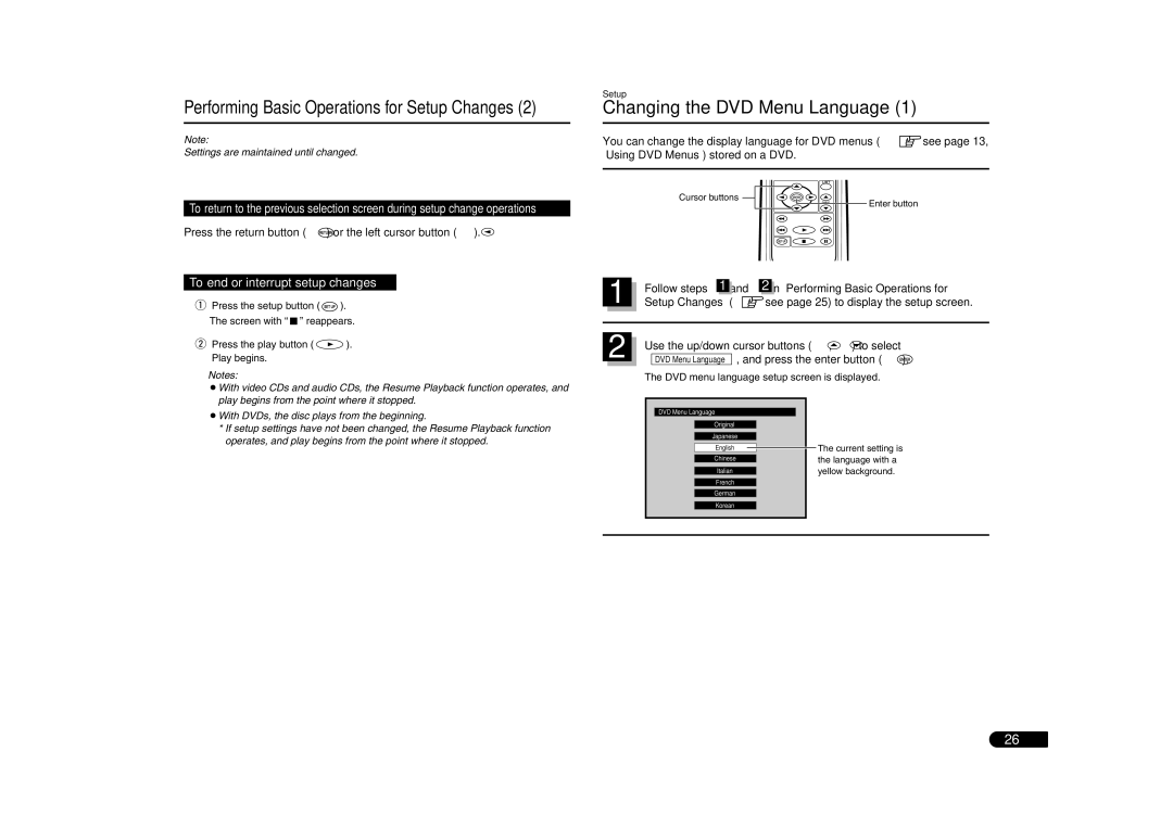 Sanyo DV-S100 manual Changing the DVD Menu Language, Press the return button or the left cursor button 