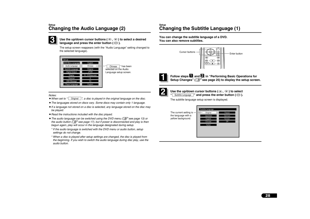 Sanyo DV-S100 manual Changing the Subtitle Language, Subtitle Language and press the enter button 