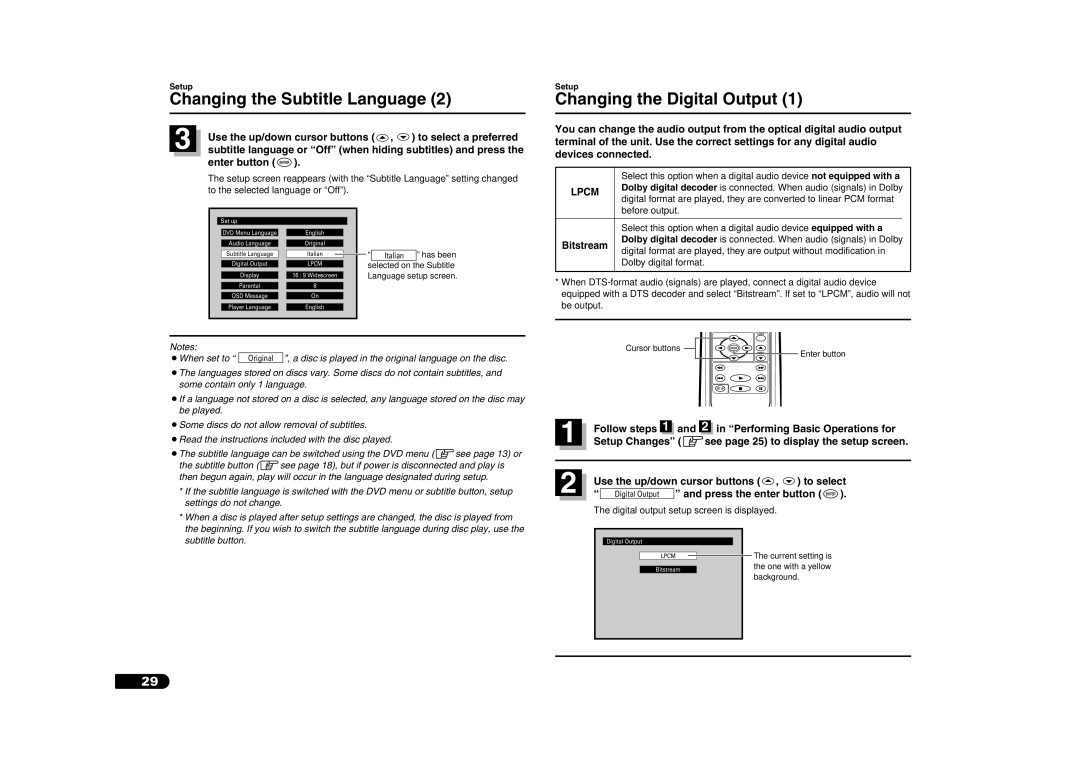 Sanyo DV-S100 Changing the Digital Output, Use the up/down cursor buttons , to select a preferred, Enter button, Bitstream 