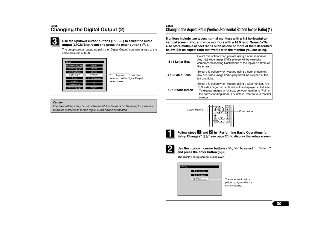 Sanyo DV-S100 manual Use the up/down cursor buttons , to select the audio, Output LPCM/Bitstream and press the enter button 