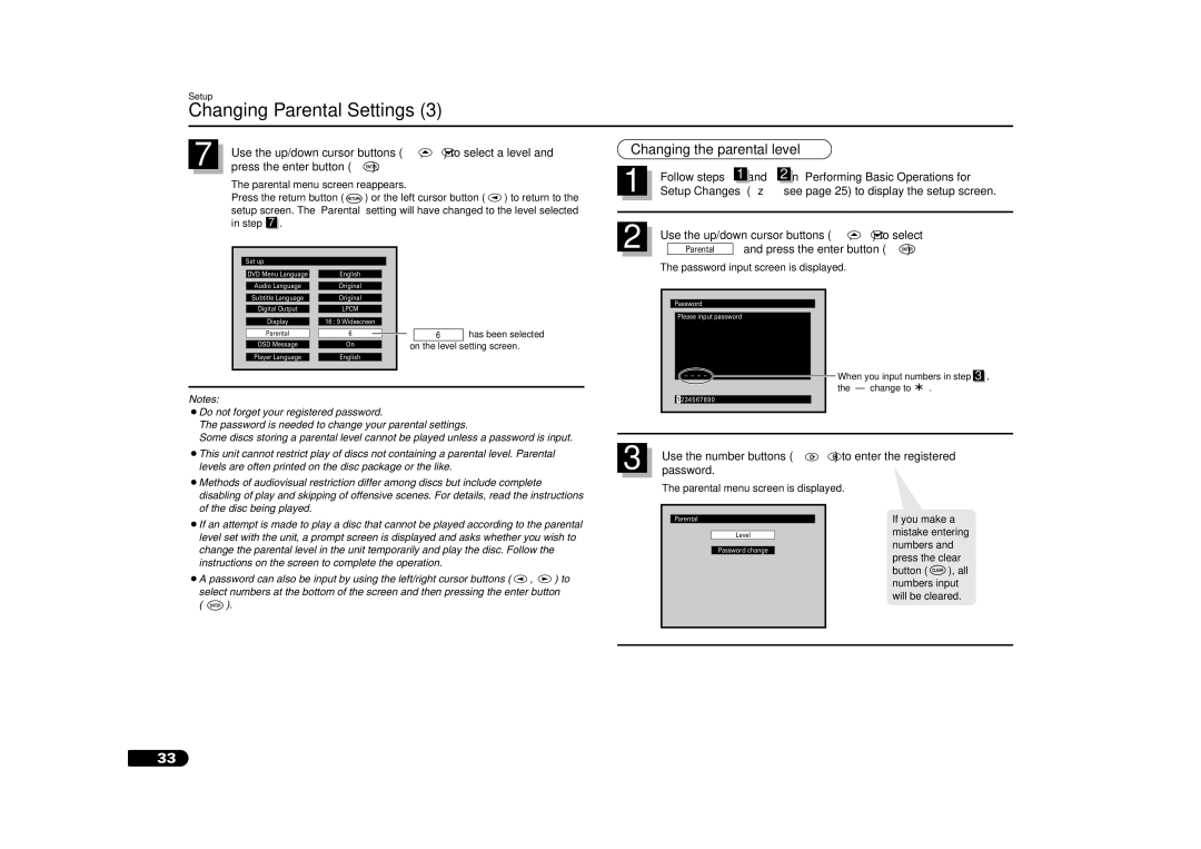 Sanyo DV-S100 manual Changing the parental level, Use the up/down cursor buttons , to select a level, Password 