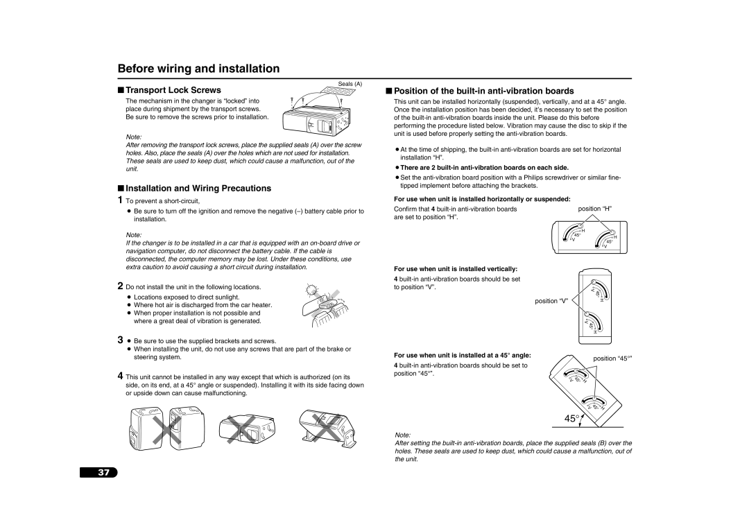 Sanyo DV-S100 manual Before wiring and installation, Transport Lock Screws, Installation and Wiring Precautions 