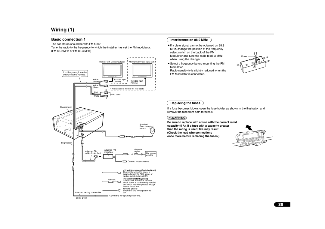 Sanyo DV-S100 manual Wiring, Basic connection, Interference on 88.9 MHz, Replacing the fuses 