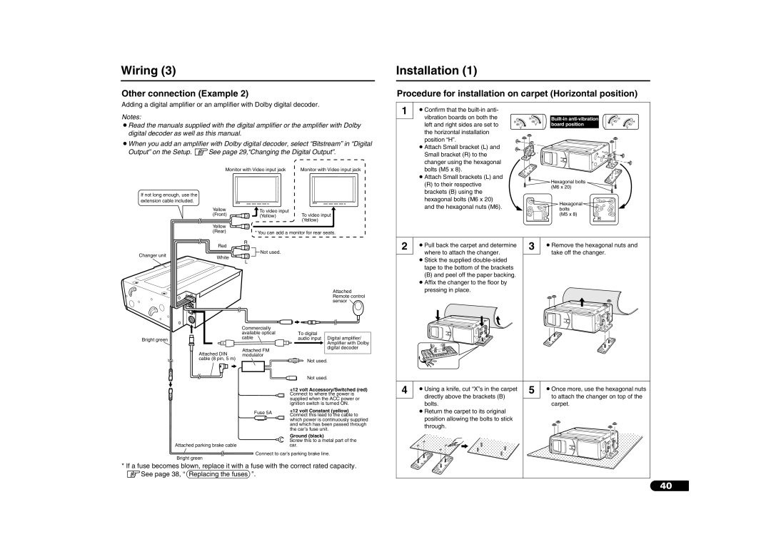 Sanyo DV-S100 manual Installation, Procedure for installation on carpet Horizontal position 