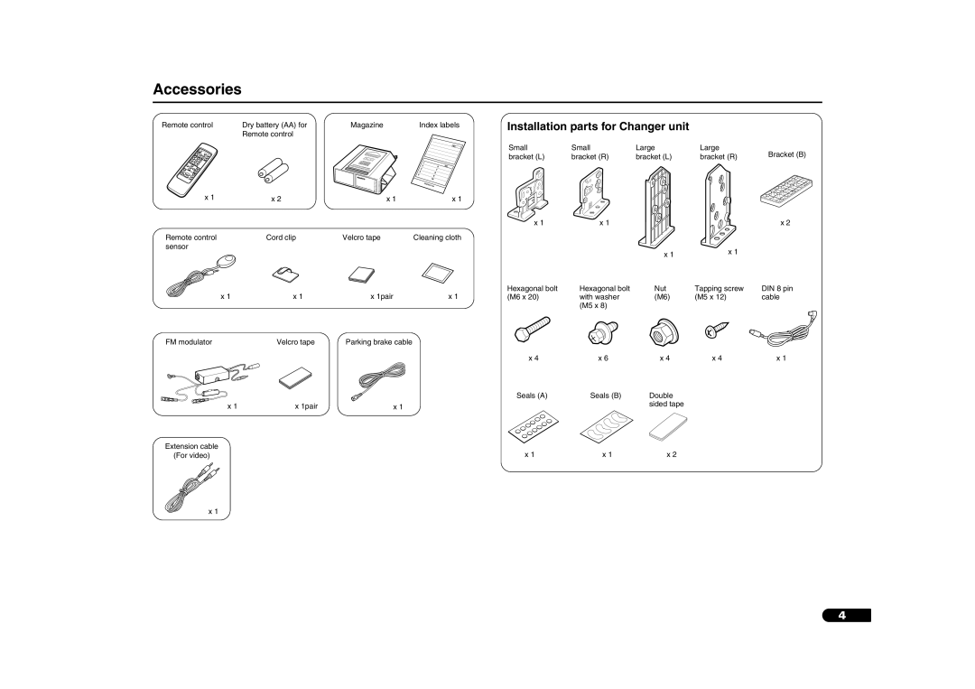 Sanyo DV-S100 manual Accessories, Installation parts for Changer unit 