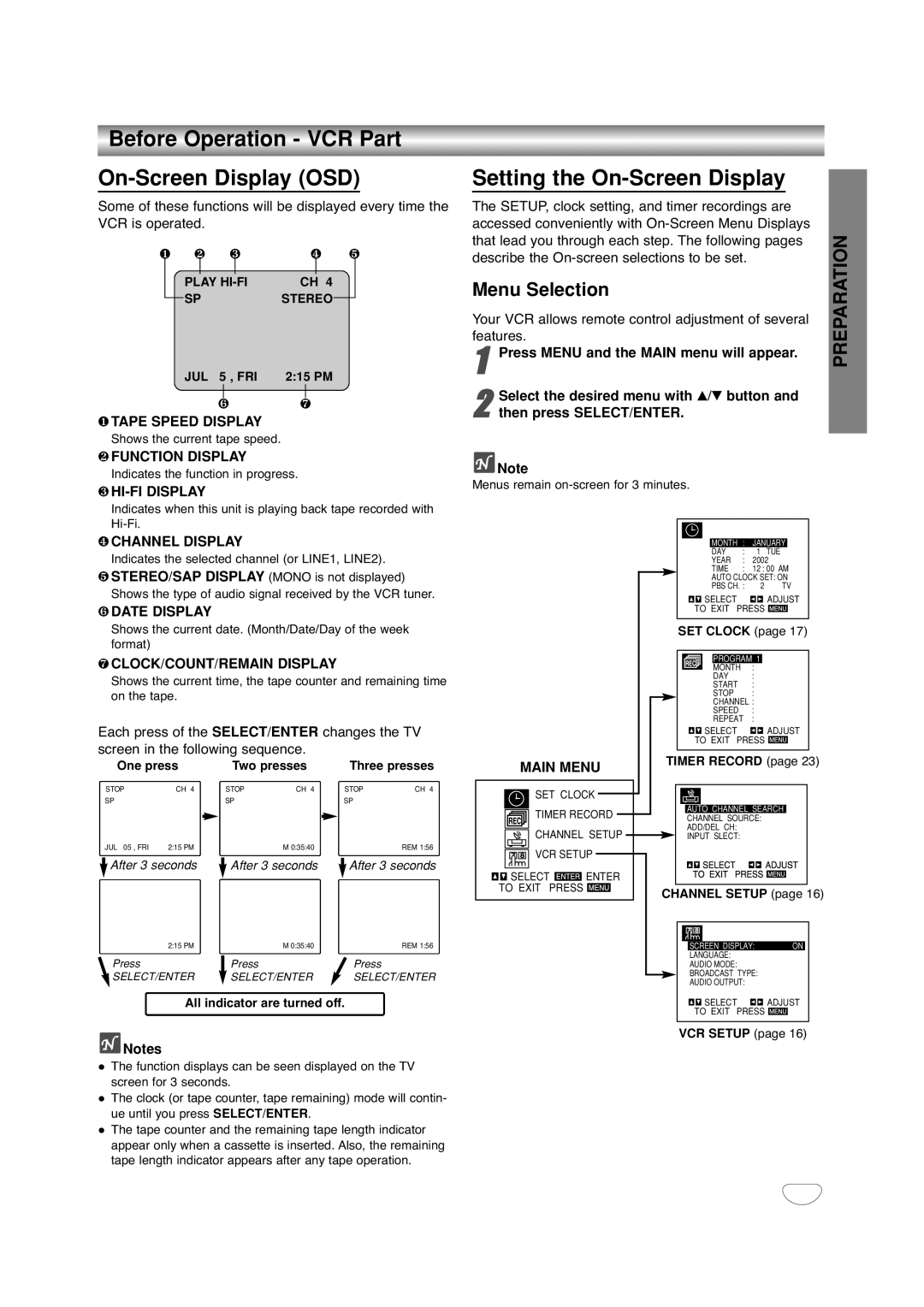 Sanyo DVC-2500 manual Before Operation VCR Part On-Screen Display OSD, Setting the On-Screen Display, Menu Selection 