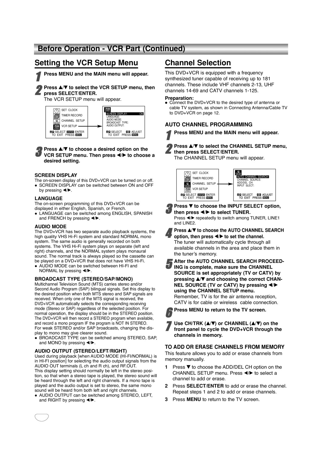 Sanyo DVC-2500 manual Before Operation VCR Part Setting the VCR Setup Menu, Channel Selection 