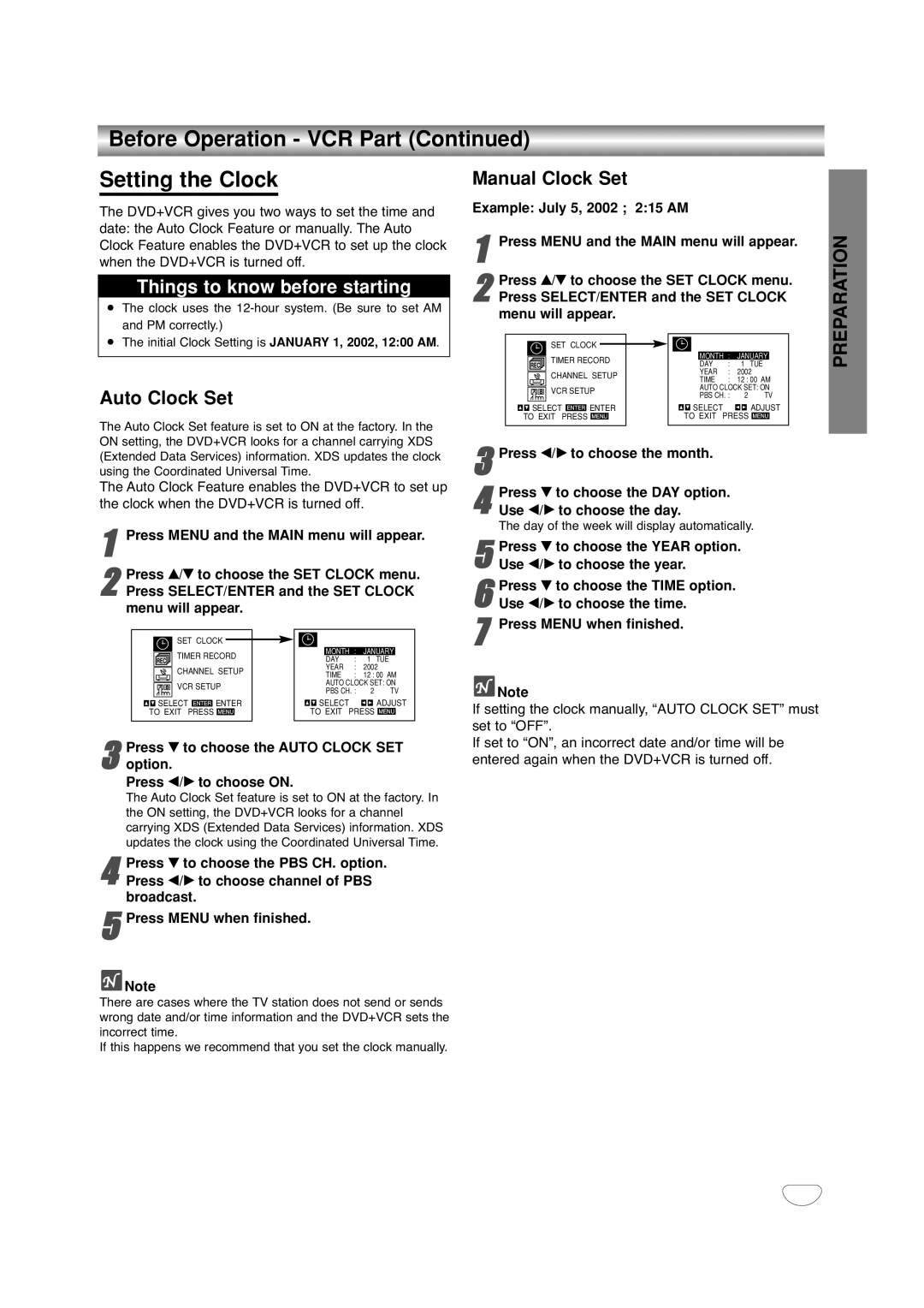 Sanyo DVC-2500 manual Before Operation VCR Part Setting the Clock, Auto Clock Set, Manual Clock Set 