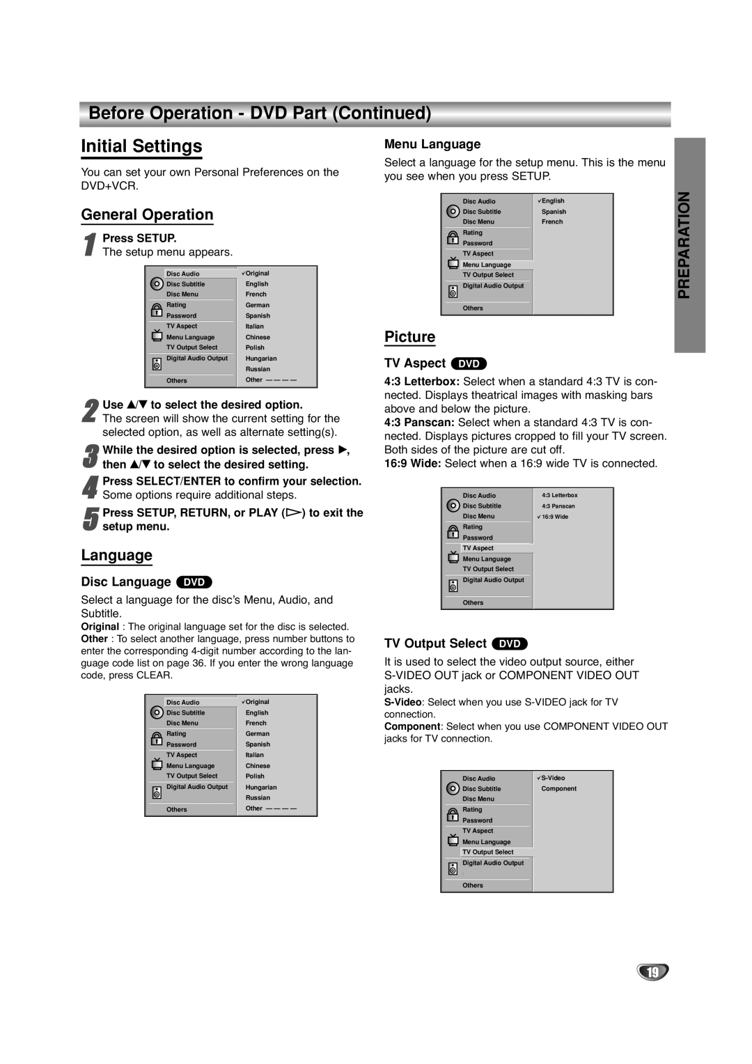 Sanyo DVC-2500 manual Before Operation DVD Part Initial Settings, General Operation, Picture, Language 