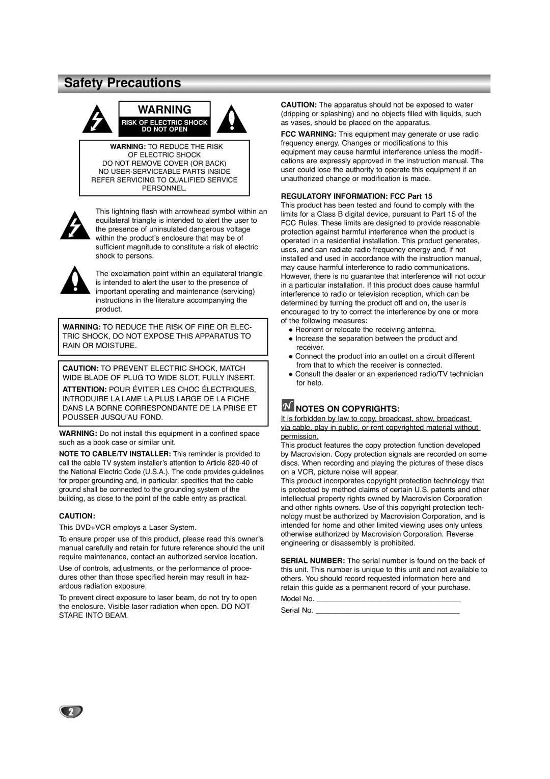 Sanyo DVC-2500 manual Safety Precautions, Regulatory Information FCC Part 