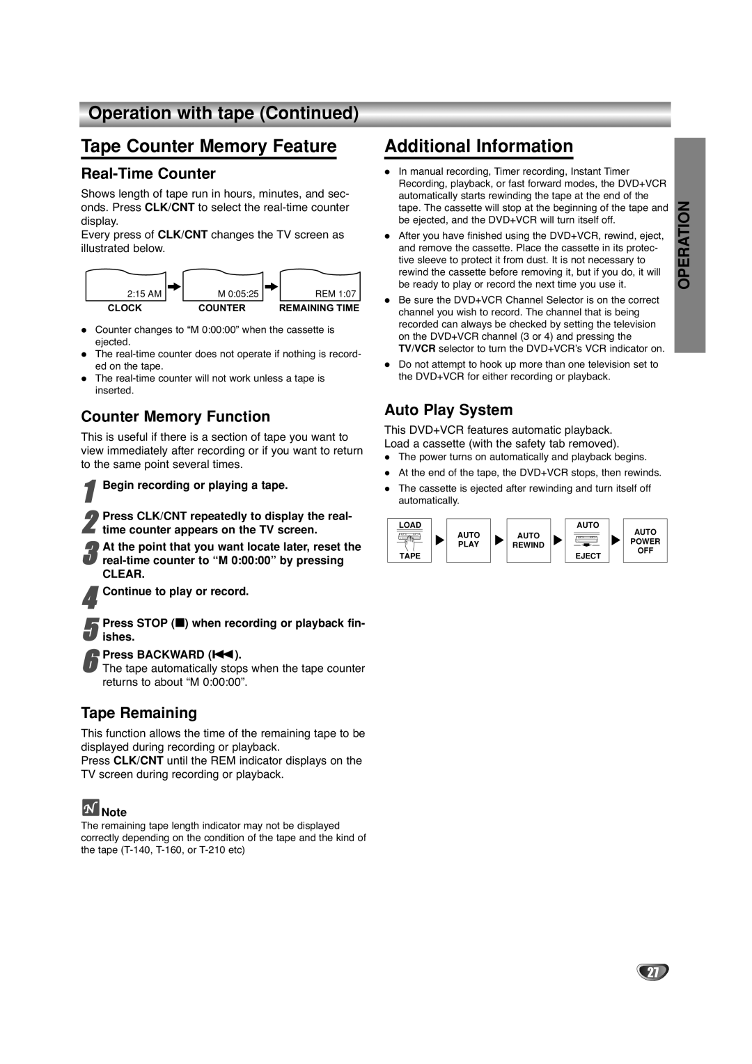 Sanyo DVC-2500 manual Operation with tape Tape Counter Memory Feature, Additional Information 