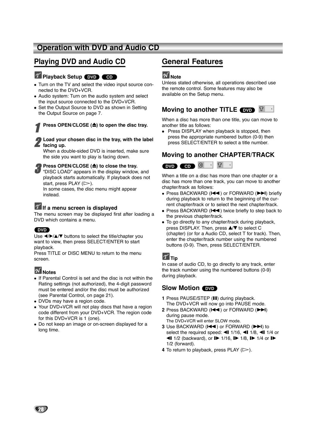 Sanyo DVC-2500 manual Operation with DVD and Audio CD Playing DVD and Audio CD, General Features, Moving to another Title 