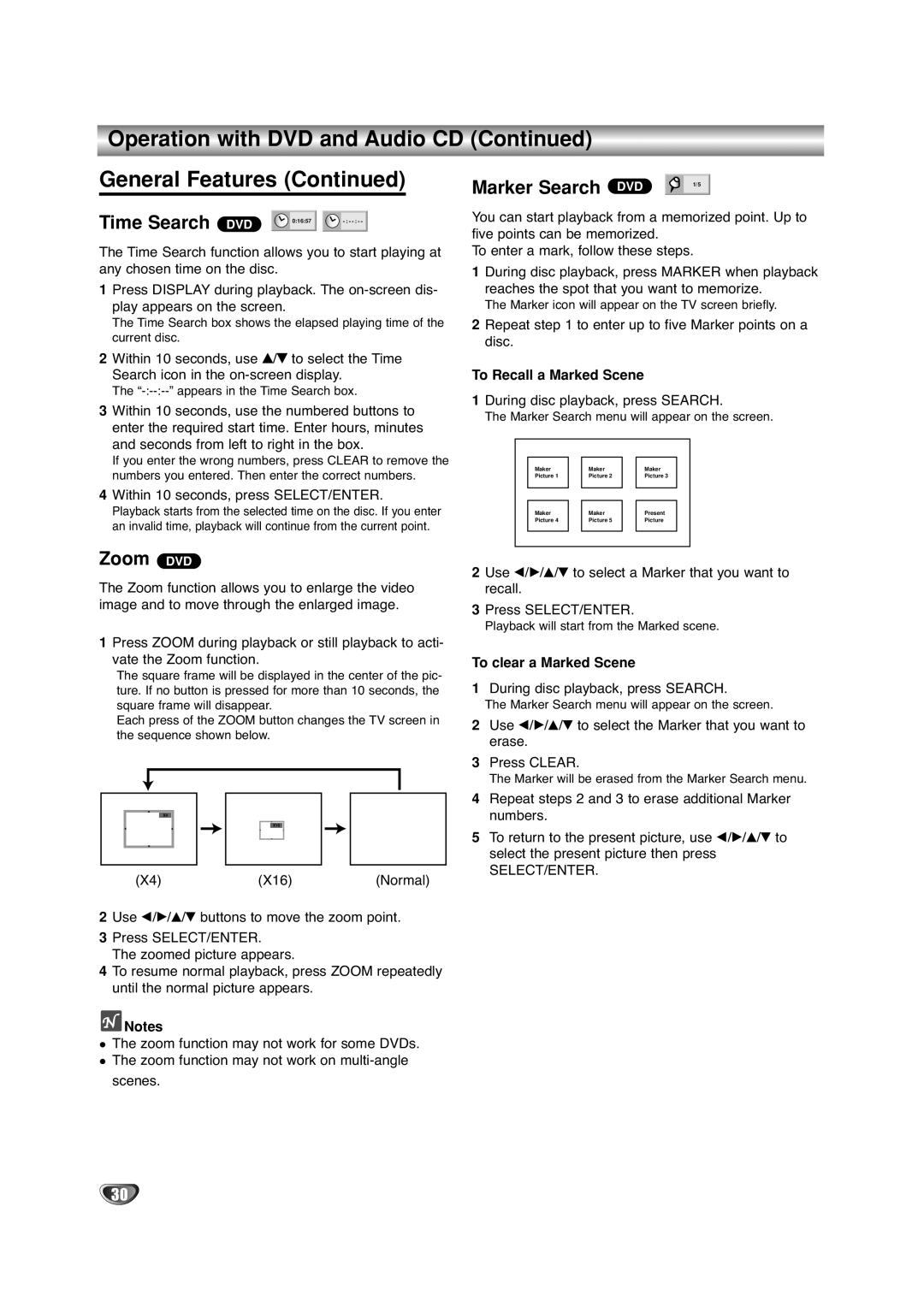 Sanyo DVC-2500 manual Time Search, Zoom DVD, Marker Search, To Recall a Marked Scene, To clear a Marked Scene 