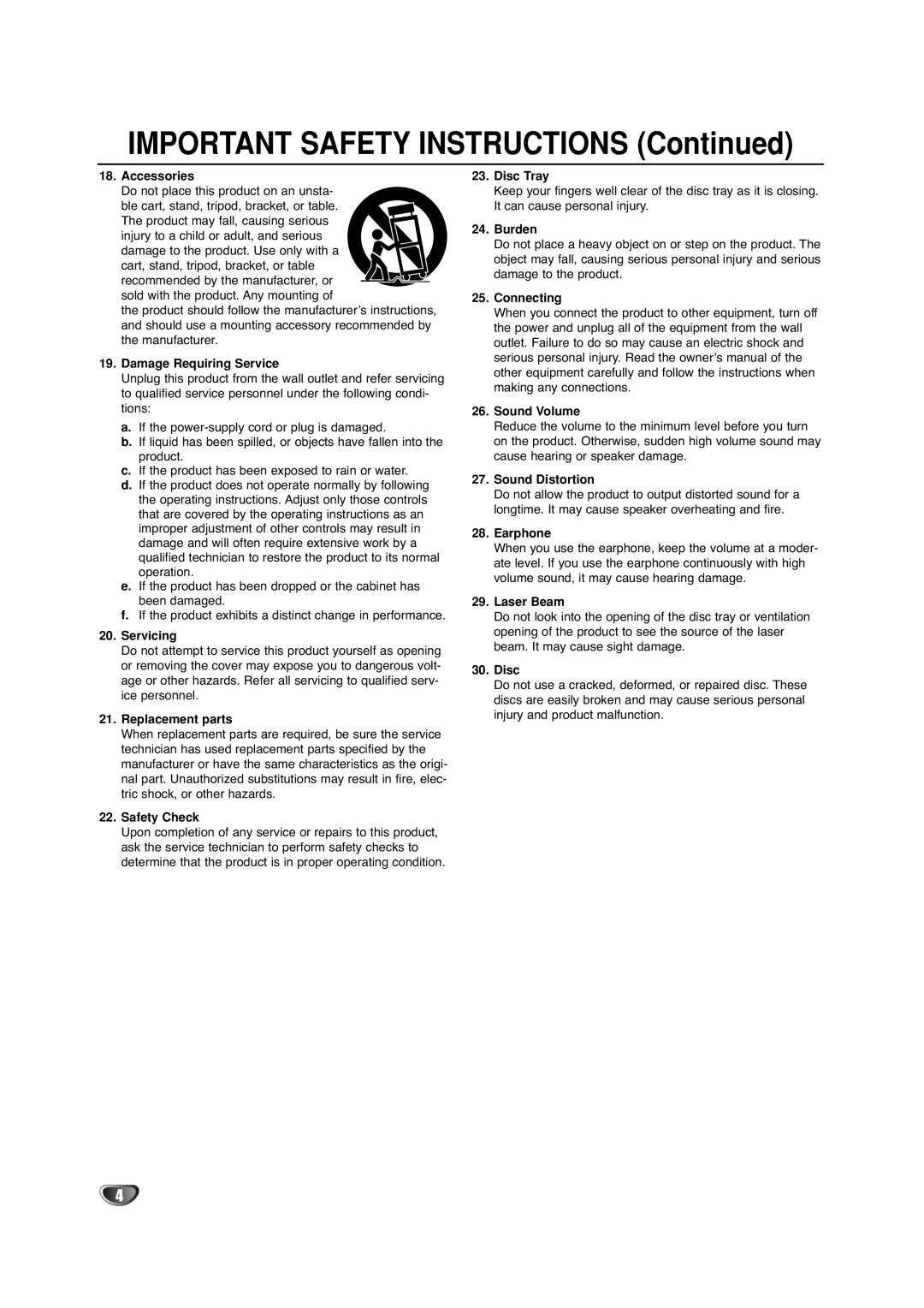 Sanyo DVC-2500 manual Accessories, Damage Requiring Service, Servicing, Replacement parts, Safety Check, Disc Tray, Burden 