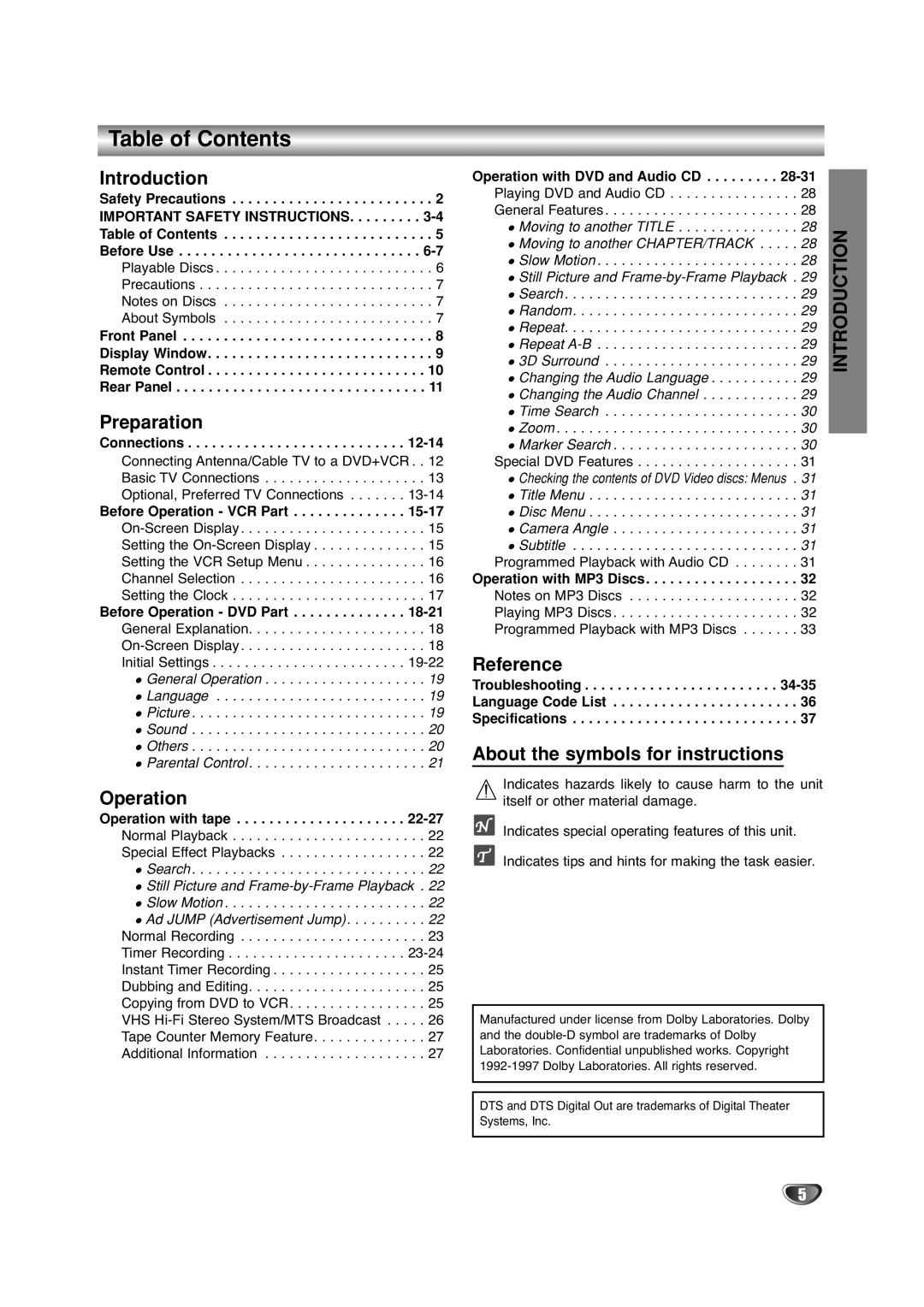 Sanyo DVC-2500 manual Table of Contents 