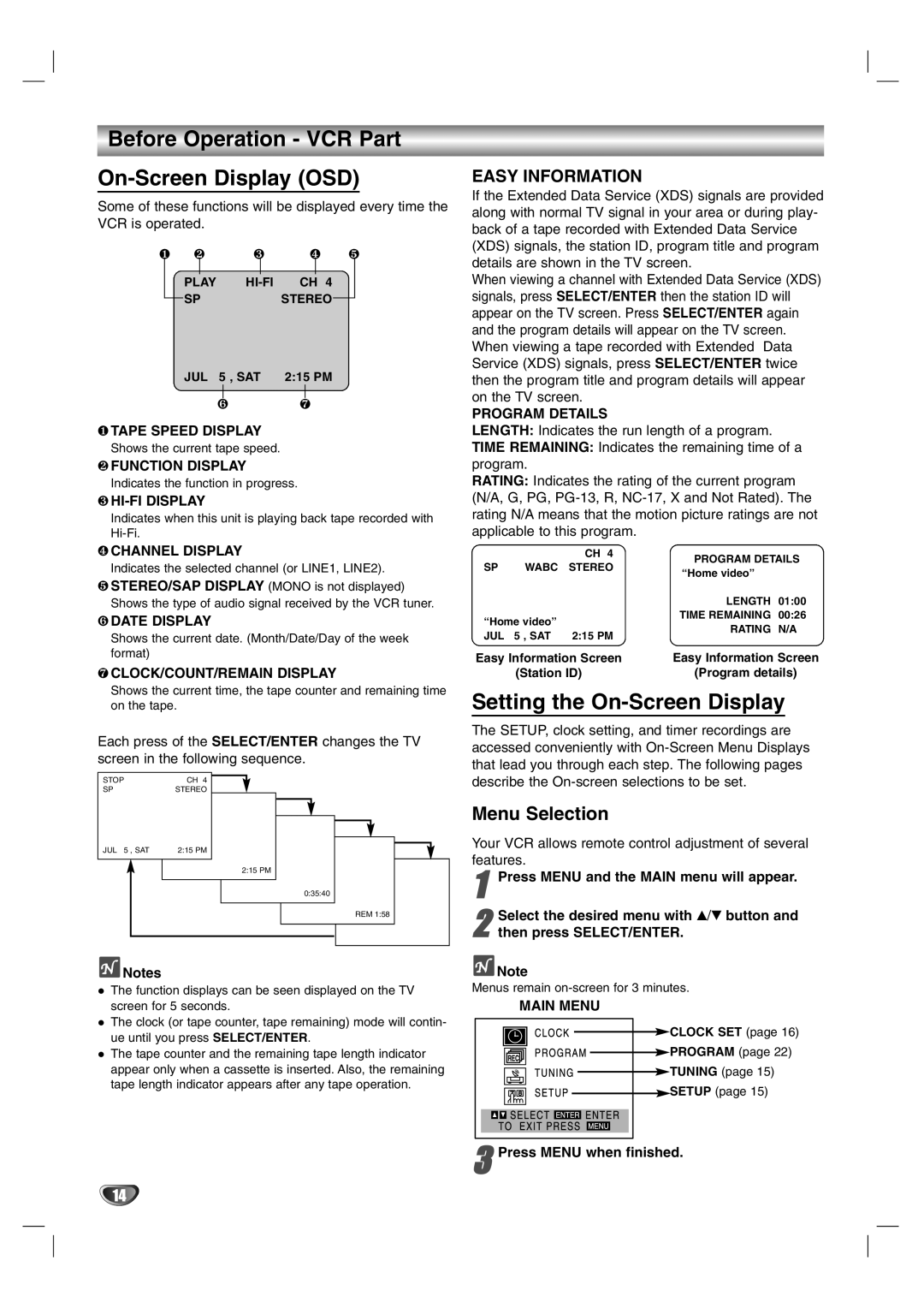 Sanyo DVC-2600 Before Operation VCR Part On-Screen Display OSD, Setting the On-Screen Display, Menu Selection 