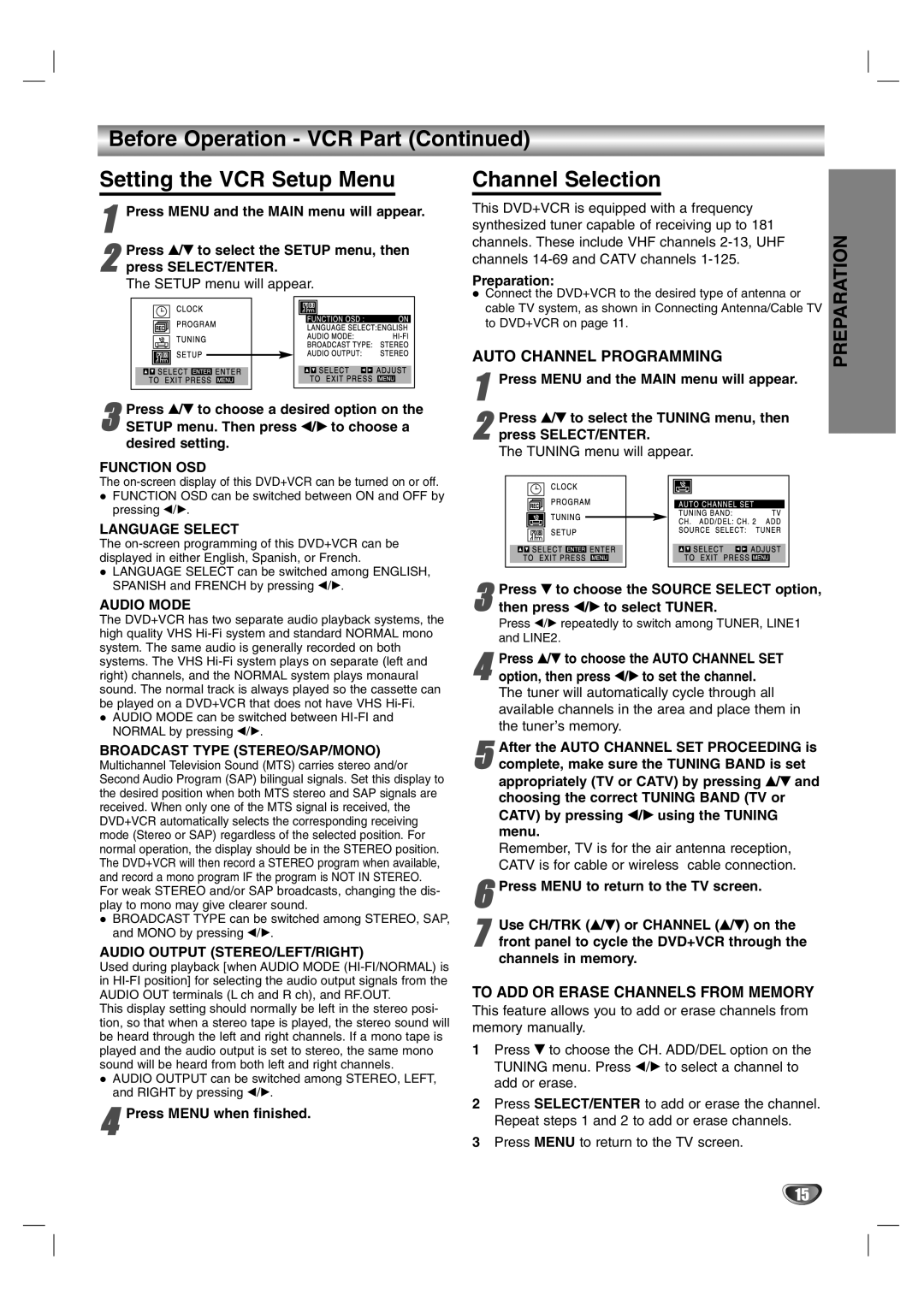 Sanyo DVC-2600 instruction manual Before Operation VCR Part Setting the VCR Setup Menu, Channel Selection 