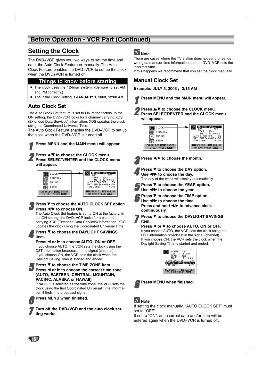 Sanyo DVC-2600 instruction manual Before Operation VCR Part Setting the Clock, Auto Clock Set, Manual Clock Set 