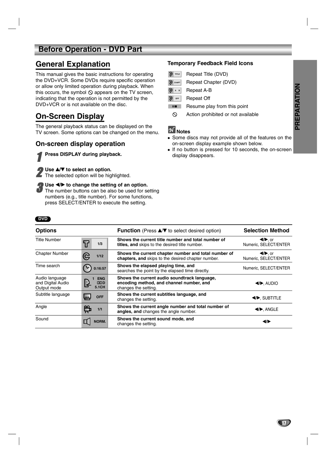 Sanyo DVC-2600 Before Operation DVD Part General Explanation, On-Screen Display, On-screen display operation 