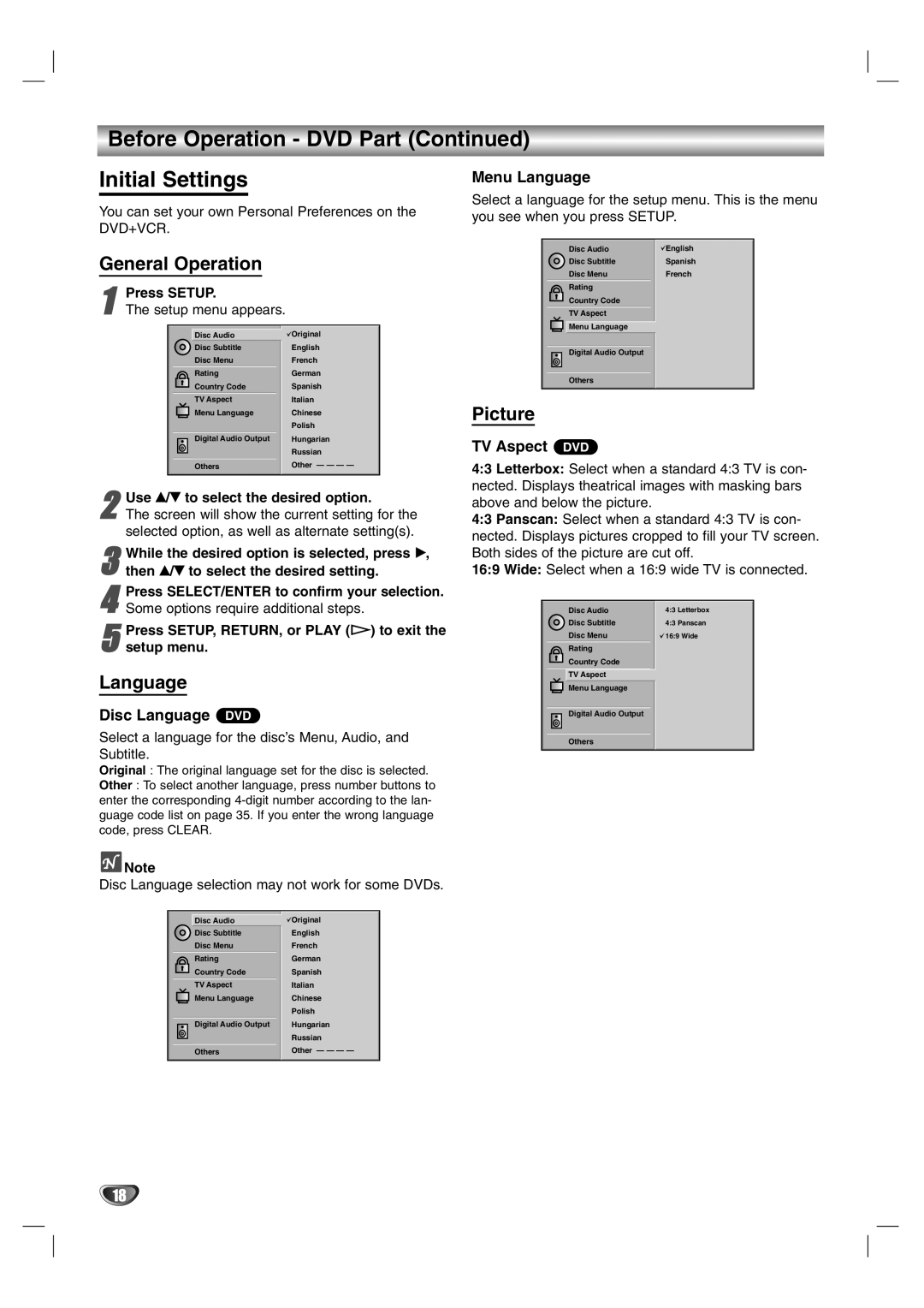 Sanyo DVC-2600 instruction manual Before Operation DVD Part Initial Settings, General Operation, Language, Picture 