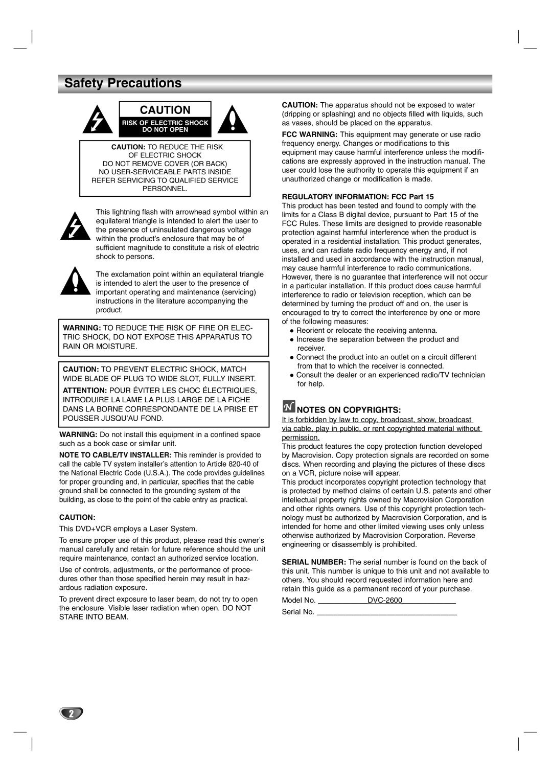 Sanyo DVC-2600 instruction manual Safety Precautions, Regulatory Information FCC Part 